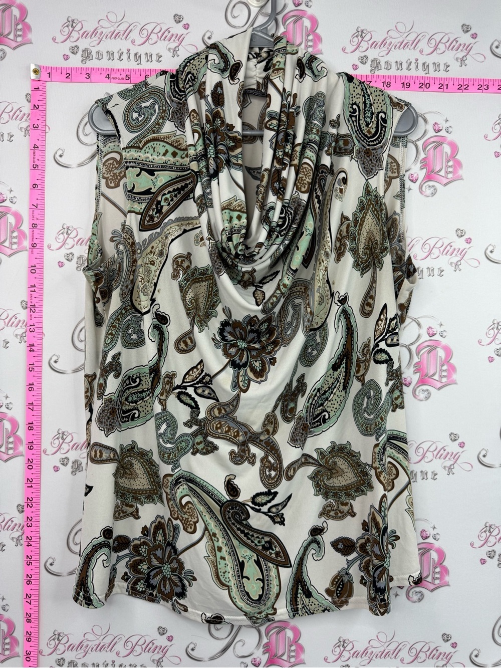 Clientele shirt tank Sleeveless Cowl Neck Paisley Top in Cream and Sage